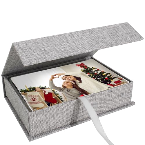 Photo Storage Box 5x7, Keepsake Box - Grey | Linen Material, Connected Lid, for Photos, Certificates, Scrapbooking Supplies, Keepsakes, Jewelry - color: Grey, size: 5"x7"