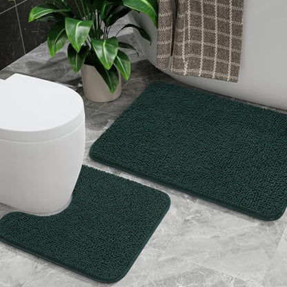 Bathroom Rug Sets 2 Piece, 20"x20" U-Shaped & 21"×34", Hunter Green | Toilet Mat Non Slip Bath Mats Floor Set, Washable Bath Rug Set, Absorbent Soft Bathroom Rug - color: Hunter Green