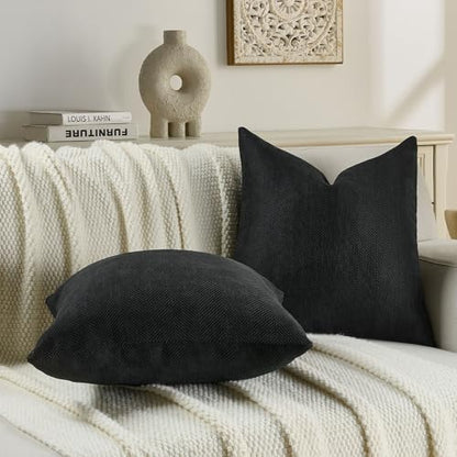 FUTEI Pack of 2 Chenille Throw Pillow Covers 22x22 Inch, Black | Elegant Herringbone Textured Design,Side Hidden Zipper,Machine Washable,Pill-Resistant,Colorfast,Insert Not Included. - color: Black, size: 22" x 22" (Pack of 2)