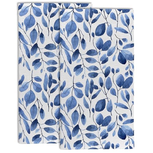 Blue Eucalyptus Leaves Bathroom Hand Towel Set of 2,Watercolor Botanical Plant Leaves Fingertip Kitchen Hand Towel,Soft Absorbent Decorative for Hotel Home Decor - color: Color1