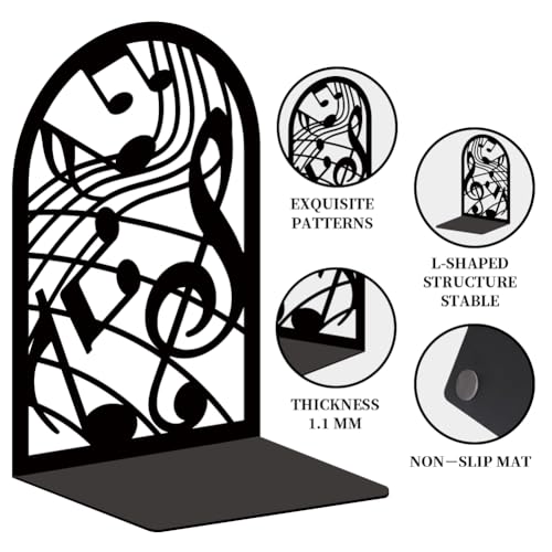 Musical Metal Book Ends Non-Skid Black Unique Bookend Decorative Heavy Book Ends for Shelves Heavy Duty Study Book Support Stoppers for Desk Musical Note 7x4.7x3.5 inch 1 Pairs/2 Pcs - style: Musical Note