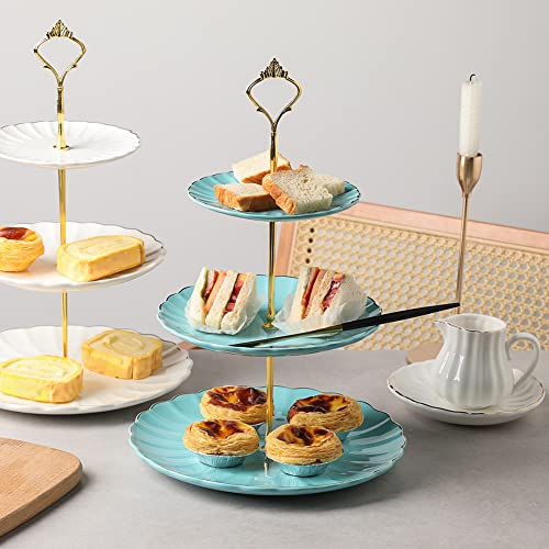 Sweejar 3 Tier Ceramic Cake Stand Wedding, Dessert Cupcake Stand for Tea Party Serving Platter (Turquoise) - color: Turquoise