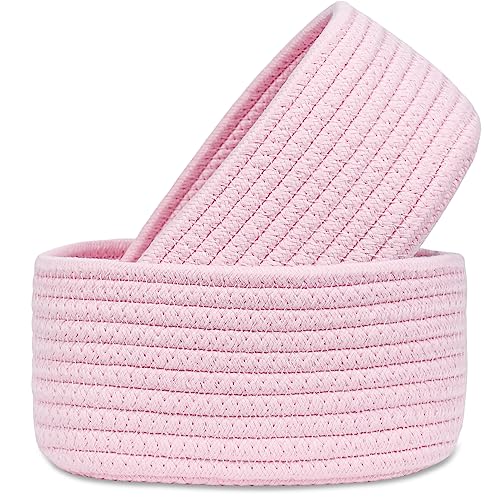 【2 Pack】ABenkle Small Woven Baskets, Tiny Oval Shallow Storage Baskets, Mini Cotton Rope Empty Decorative Basket, Boho Little Organizer Bins for Bathroom, Cat Dog Toy Gifts Baskets - color: Pink