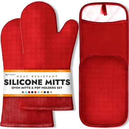HOMWE Silicone Oven Mitts and Pot Holders for Kitchen & Baking - Set of 4 Heat-Resistant, Heavy-Duty Cooking Mittens w/Non-Slip, Textured Grip - color: Red, size: 4-Piece Oven Mitts & Pot Holders Set