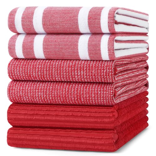 Homaxy Cotton 380 GSM Premium Kitchen Towels, 18"x 28", 6 Pack, Red | Soft and Absorbent Terry Dish Towels, Multipurpose Tea Towel Set with Hanging Loop, 3 Styles Kitchen Hand Towels - color: Red, size: 18" X 28" - 6 Pack