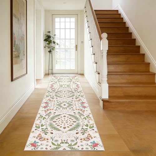 2x8 Washable Runner Rug for Kitchen - Non Slip Butterfly Carpet Runners for Hallway Soft Indoor Entryway Stain Resistant Floor Runner for Bedroom Bedside Laundry Room（Beige，2x8） - color: Beige, size: 2' x 8' (Runner)