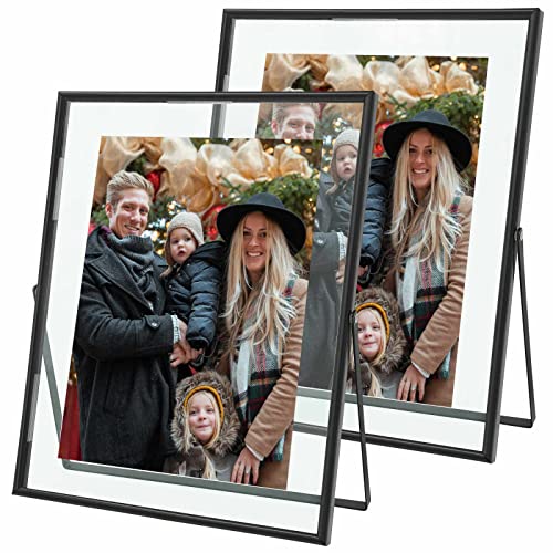 Qiannhee 8x10 Floating Frames Set of 2, Double Glass Desktop Picture Frames, Holds Multiple Photo Sizes, Photo Frame with Metal Stand - color: black, size: 8x10 inch