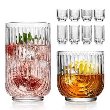 Glaver's 8-Piece Drinking Glass Set, Art Deco Ribbed Arch Glassware, Clear U-Shape Design, 17oz Highball and 11oz DOF Glasses Kitchen Glasses - style: Clear S/8 17oz 11oz