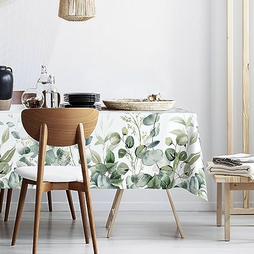 JOYPLUS Sage Green Eucalyptus Leaves Fabric Waterproof Tablecloth,Rectangle Watercolor Wrinkle Oil-Proof Resistant Table Cover for Dining Table, Buffet Parties and Camping, Mint Color (60" x 84") - color: Double-sided Green, size: 84" x 60" (Rectangular)