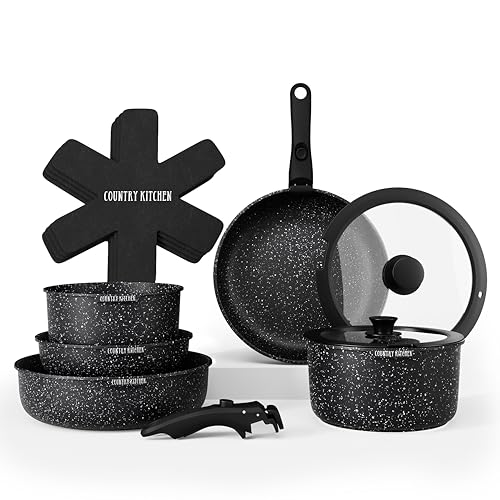 Country Kitchen Cookware Set with Removable Handle, Oven & RV Safe Pots and Pans Set, Black, Original - color: Black, size: Original