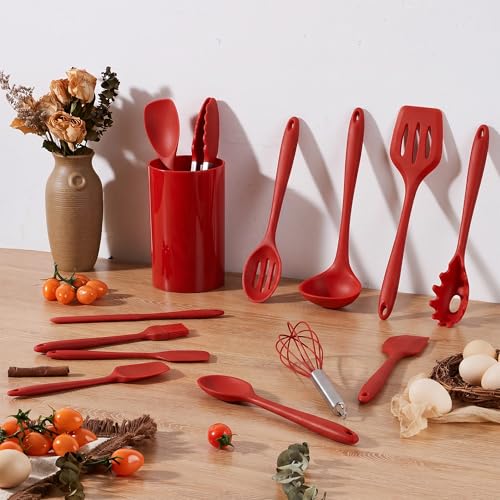 LIANYU 14 Pcs Silicone Cooking Utensils Set with Holder, Red | Kitchen Utensils Set for Non-Stick Cookware, 446°F Heat Resistant Cooking Tools with Comfort Grip Handle, Dishwasher safe - color: Red