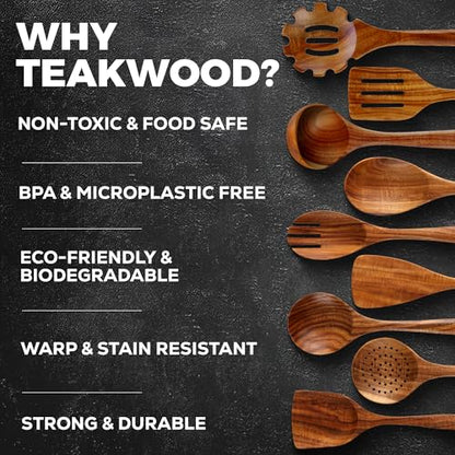 Zulay Kitchen 9-Piece Teak Wood Cooking Utensil Set – Non-Toxic & Non-Stick Safe Wooden Spoons & Kitchen Tools with Comfortable Grip, Smooth Finish Natural Teak – Perfect Kitchen Gift Set - size: 9 Piece