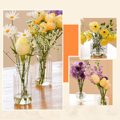 12 Pcs Ribbed Glass Bud Vases Set, 4 Styles Clear Small Flower Vases | Mini Vases in Bulk, Roman Column Vertical Ribbed Design for Wedding, Home Decor, Table Centerpieces, Party