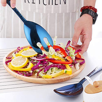 Salad Spoon and Fork Set, 12 Inch Stainless Steel Salad Server, Blue Large Serving Utensils, Dishwasher Safe, Pack of 2 - color: Blue