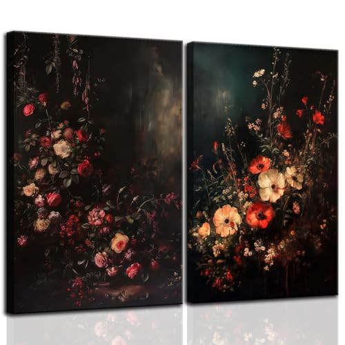 2Pcs Framed Canvas Prints Art Vintage Moody Floral, Classical Fall Wildflower Floral Painting, Rustic Dark Autumn Flower Wall Art for Living Room Bedroom Home Bathroom Wall Decor, 12x16in - color: Vintage Rose 2pcs, size: 12x16 Inches