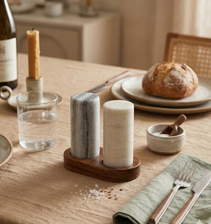 Elegant Marble Salt and Pepper Shaker Set with Acacia Wood Holder - Real Grey and White Marble Cylindrical Shakers for Kitchen Shelf, Table or Spice Rack - 1.75” x 3.75” Each