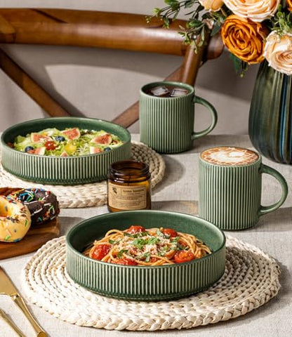 GBhome 7.5 Inch Pasta Bowls Set of 6, Ceramic Salad Bowls, Dark Green | Double Reactive Glaze Bowls for Pasta, Noodles & Fruit, Scratch Resistant, Microwave & Dishwasher Safe - color: Dark Green, size: Set of 6
