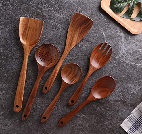 Kitchen Utensils Set, NAYAHOSE Wooden spoons for Cooking Non-stick Pan Kitchen Tool Wooden Cooking Spoons and Wooden utensil storage wooden barrel - size: 7Pcs Set