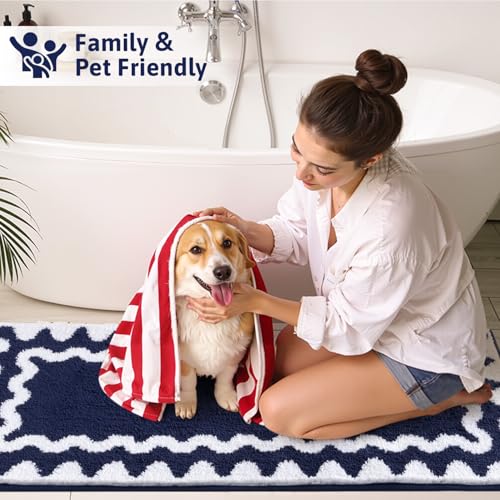 Findosom Bathroom Rugs Sets 3 Piece, Absorbent Soft Non-Slip Bath Rug Set | Washable Microfiber Shaggy Scalloped Bath Mat Set with Bathroom Runner Rug, U-Shaped Toilet Rugs, Shower Rug, Navy - color: Navy & White, size: 18"x26"+18"x48"+U 20"x24"