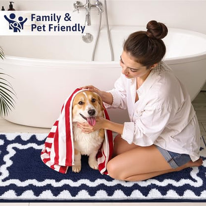 Findosom Bathroom Rugs Sets 3 Piece, Absorbent Soft Non-Slip Bath Rug Set | Washable Microfiber Shaggy Scalloped Bath Mat Set with Bathroom Runner Rug, U-Shaped Toilet Rugs, Shower Rug, Navy - color: Navy & White, size: 18"x26"+18"x48"+U 20"x24"