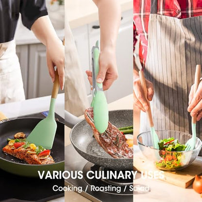 Kitchen Utensils Set Silicone Kitchen Utensils Set with Wooden Handle Utensils for Cooking Heat Resistant Silicone Non-Stick Cookware BPA FREE (Green) - color: Green