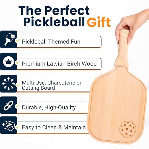 Pickleball Charcuterie & Cutting Board, Pickleball Gift, Partner Size - 17 x 8.5 x 0.75”, Birch Wood, Paddle Shape with Handle, Mineral Oil Finish - size: 17"L x 8.5"W
