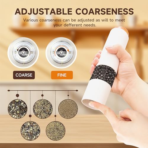 MEHIDFY Electric Salt and Pepper Grinder Set, 2 Pack Salt and Pepper Grinder Battery Operated, One-Handed Automatic Salt and Pepper Mill Grinder with LED Light, Adjustable Coarseness (White)