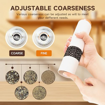 MEHIDFY Electric Salt and Pepper Grinder Set, 2 Pack Salt and Pepper Grinder Battery Operated, One-Handed Automatic Salt and Pepper Mill Grinder with LED Light, Adjustable Coarseness (White)
