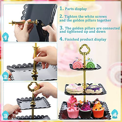 Honeydak 3 Sets of 3 Tier Serving Tray 3 Tiered Dessert Stand Wedding Cupcake Stand PP Plastic Cupcake Holder Dessert Tray Cake Fruit Candy Table Display Set for Birthday(Black) - color: Black
