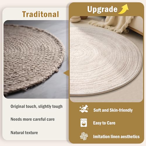 Carvapet 4ft Round Rug Washable Imitation Jute Low Pile 4 ft Circle Carpet with Non Slip Rubber Backing, Foldable Stain Resistant Area Rugs for Living Room Bedroom Office Bathroom - color: S-khaki, size: 4' (Round)