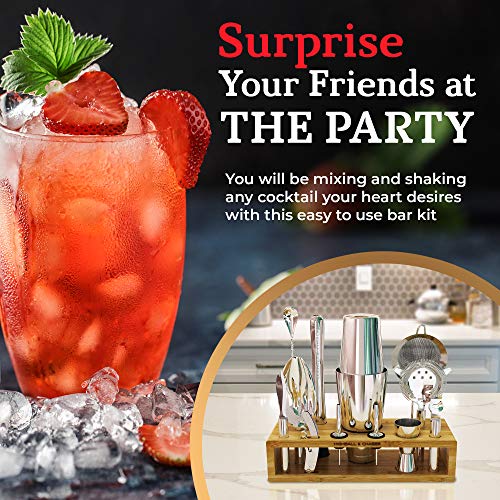 Highball & Chaser 13-Piece Boston Cocktail Shaker Set Stainless Steel Mixology Bartender Kit With Stand For Home Bar Cocktail Set | Laser Engraved Cocktail Tools | Plus E-Book with 30 Cocktail Recipes - color: Natural
