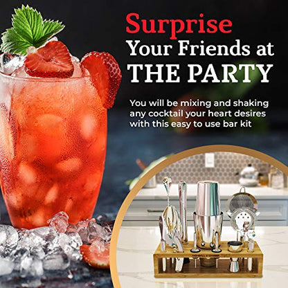 Highball & Chaser 13-Piece Boston Cocktail Shaker Set Stainless Steel Mixology Bartender Kit With Stand For Home Bar Cocktail Set | Laser Engraved Cocktail Tools | Plus E-Book with 30 Cocktail Recipes - color: Natural