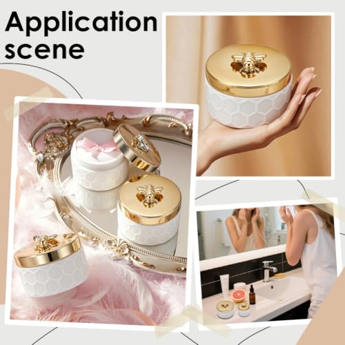 2 Pcs Jewelry Trinket Box, Ceramic Loose Dusting Cosmetic Storage Box with 4pcs Cosmetic Puffs Bee Lid Decorative Organizer for Women Jewelry Makeup Setting Applicator