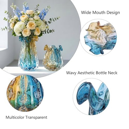 14.6" Tall Large Clear Glass Vase Wide Mouth, Pretty Hand Blown Glass Vase for Bouquet, Unique Teal and Amber Sea Vases for Modern High End Living Room, Office, Dining Table Centerpieces - size: Large