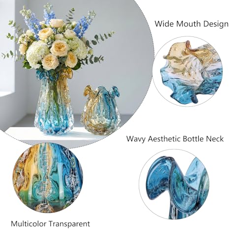 9.9" Tall Large Clear Glass Vase Wide Mouth, Pretty Hand Blown Glass Vase for Bouquet, Unique Teal and Amber Sea Vases for Modern High End Living Room, Office, Dining Table Centerpieces - size: Medium