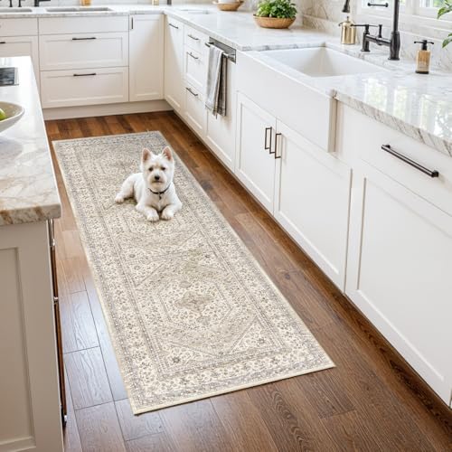 2x5 Washable Hallway Runner Rug - Non-Slip Vintage Throw Rugs Beige Gray | Low Pile Thin Small Carpet for Kitchen Soft Pet-Friendly Indoor Door Mat for Bedroom Bathroom Laundry Home Decor - color: Beige/Gray, size: 2' x 5' (Rectangular)
