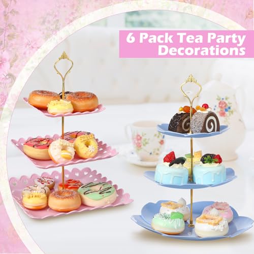 6 Pcs 3 Tier Cupcake Stand Tea Party Trays 3 Tier Serving Tray Plastic Dessert Stand Cake Fruit Candy Display Tower for Wedding Birthday Tea Party (Round,Sakura,Square,White,Pink,Green) - color: White,pink,green, size: Round,Sakura,Square