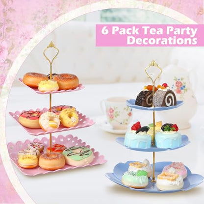 6 Pcs 3 Tier Cupcake Stand Tea Party Trays 3 Tier Serving Tray Plastic Dessert Stand Cake Fruit Candy Display Tower for Wedding Birthday Tea Party (Round,Sakura,Square,White,Pink,Green) - color: White,pink,green, size: Round,Sakura,Square
