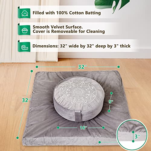 Hihealer Meditation Cushion, Traditional Tibetan Meditation Pillow Velvet Cover - Large Floor Cushion Seating for Adults - Yoga Buckwheat Bolster for Women、Moms - color: Sliver Grey(set)