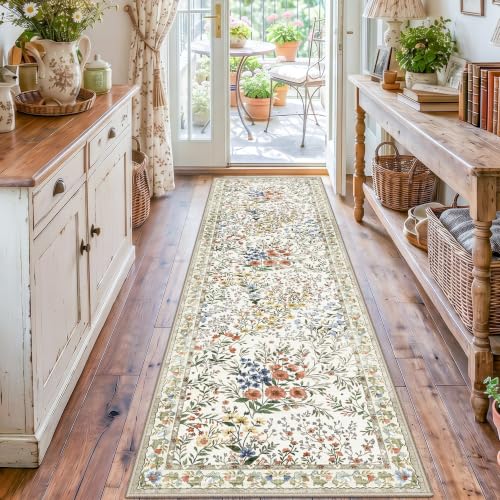 Washable Hallway Runner Rug 2x7: Vintage Floral Rug for Long Hallway Entryway - Machine Washable Non Slip Low Pile Carpet - Soft Foldable Runner for Busy Family Homes - 2'x7' Beige - color: Beige, size: 2x7