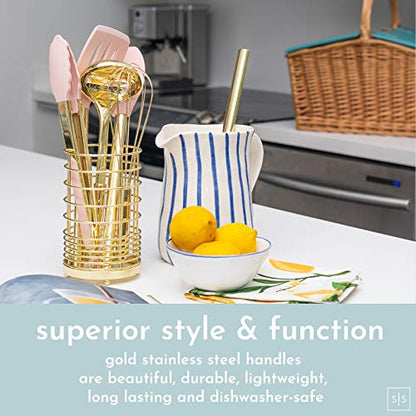 Styled Settings Gold and Pink Kitchen Utensil Set with Holder, 7-Piece | Nonstick Silicone Cooking Utensils Set with Gold Utensil Holder, White and Gold Kitchen Accessories for Modern Kitchens - color: 7 Piece Pink & Gold