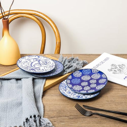 Selamica Dessert Plates Ceramic, 6 Inch Embossed Small Plates for Appetizer, Cake, Snacks, Microwave Dishwasher Safe, Set of 4, Blue - size: 6 inch