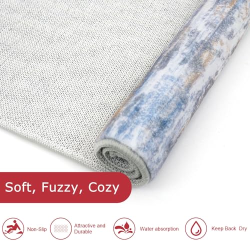 KOZYFLY Modern Abstract Washable Rug Runner 2x7 Hallway Runner Rug Non-Slip Soft Kitchen Runner Rugs, Print Blue Rust Striped Carpet Runner for Entryway Bathroom Laundry Room Foyer - color: Blue Rust White, size: 2' x 7' (Runner)