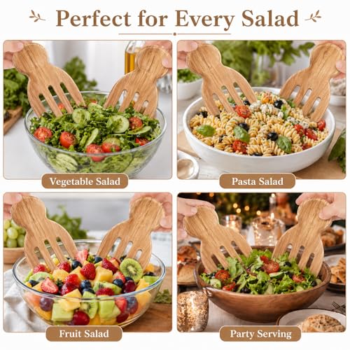 Wooden Salad Tongs 2 Pieces 6.69" x 3" Servers For Tossing Kitchen Utensils | Natural Wood, Lightweight, Gentle On Non-Stick Cookware, Warm And Elegant