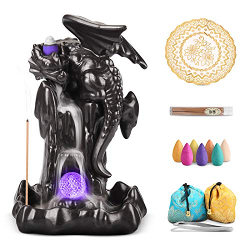 Ceramic Dragon Backflow Incense Holder - Waterfall Smoke Burner with 70 Cones + 50 Sticks, Mat & Tweezers, Unique Smoke Effect for Aromatherapy, Meditation & Home Decor (Brown) - color: Brown