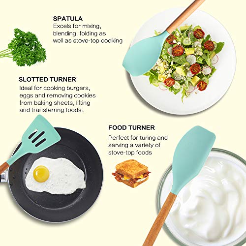 MIBOTE Silicone Cooking Kitchen Utensils Set, Wooden Handle, Teal | BPA-Free, Non-Toxic Silicone Turner, Tongs, Spatula, Spoon Set – Great for Nonstick Cookware, Heat-Resistant, Easy Clean - color: Green