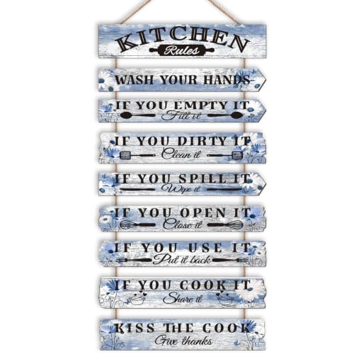Kitchen Wall Decor Funny Kitchen Signs Kitchen Rules Pictures Wall Art Decor Rustic Farmhouse Western Kitchen Decor Wooden Sign (Blue Daisy) - color: Blue Daisy