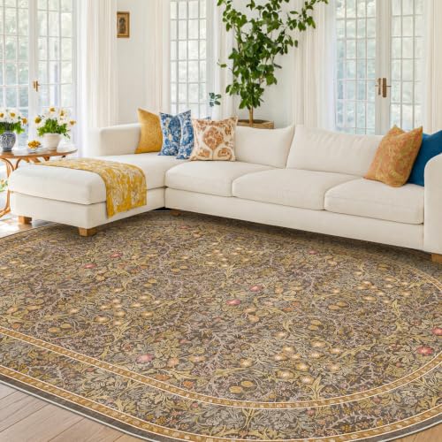 Washable Oval Area Rug 6x9 for Living Room, Gold Brown Low Pile Non-Slip Floor Carpet for Dining Room, Bedroom, Playroom, Office - Vintage Oriental Stain Resistant Traditional Earthy Décor - color: Gold Brown, size: 6' x 9' (Oval)