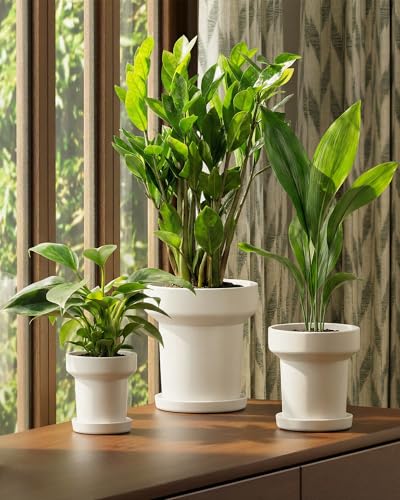 Bamworld Plant Pots Indoor with Drainage Holes- Set of 3 Pots for Plants(4.9/5.9/7.8Inch) Plastic Flower Pot Planters for Indoor Outdoor Plants Garden Pots for Room & Office Décor White - color: Grainy White, size: Mushroom-shaped