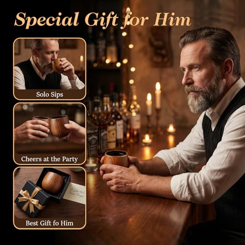 Charred Wooden Bourbon Drinking Glass Set with Whiskey Ice Stones & Tongs, 2 Pack 10oz Oak Wooden Bourbon Glass, Artisan Oak Whiskey Cups for Bourbon Lovers, Unique Whiskey Gift for Dad, Men, Husband